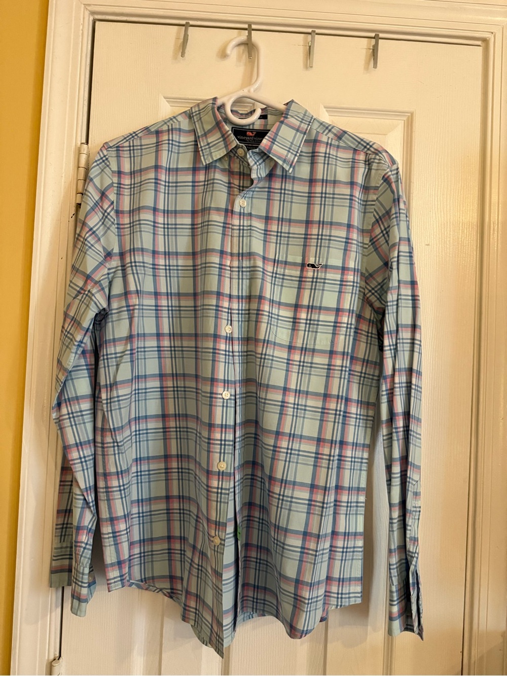 Vineyard Vines Men’s Light Blue Plaid Dress Shirt with Navy & Pink Accents